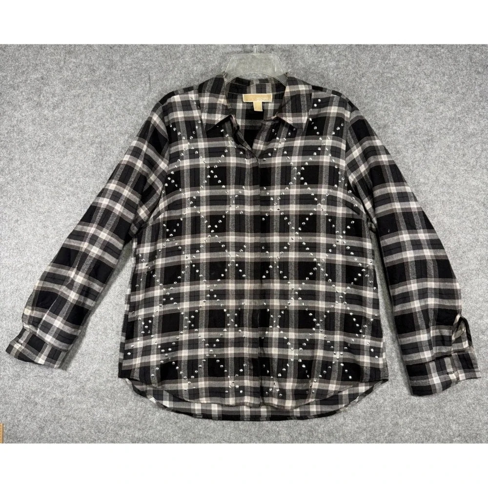 Michael Kors Button Down Shirt Women Large Black Plaid Studded Long Sleeve Top